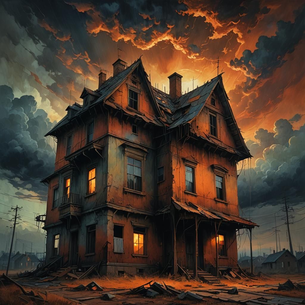 Ominous Sunset Over Dilapidated Home: Beksinski Style