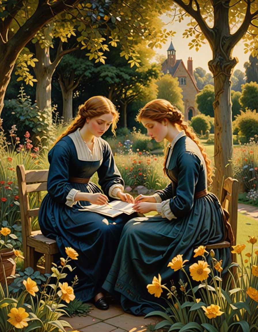 Young Women Exchanging Letters in a Sun-Dappled Garden
