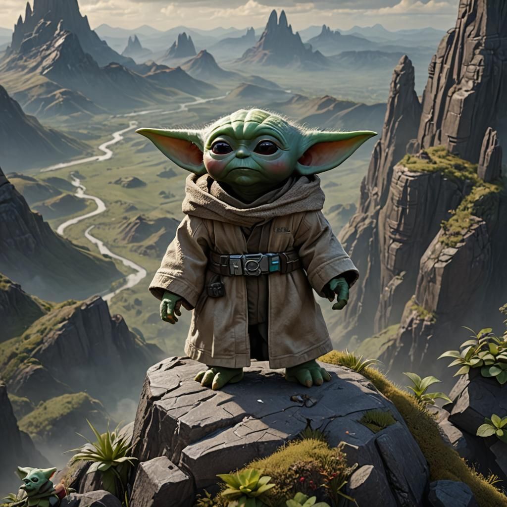 Baby Yoda on Mountain Top: Fantasy Concept Art