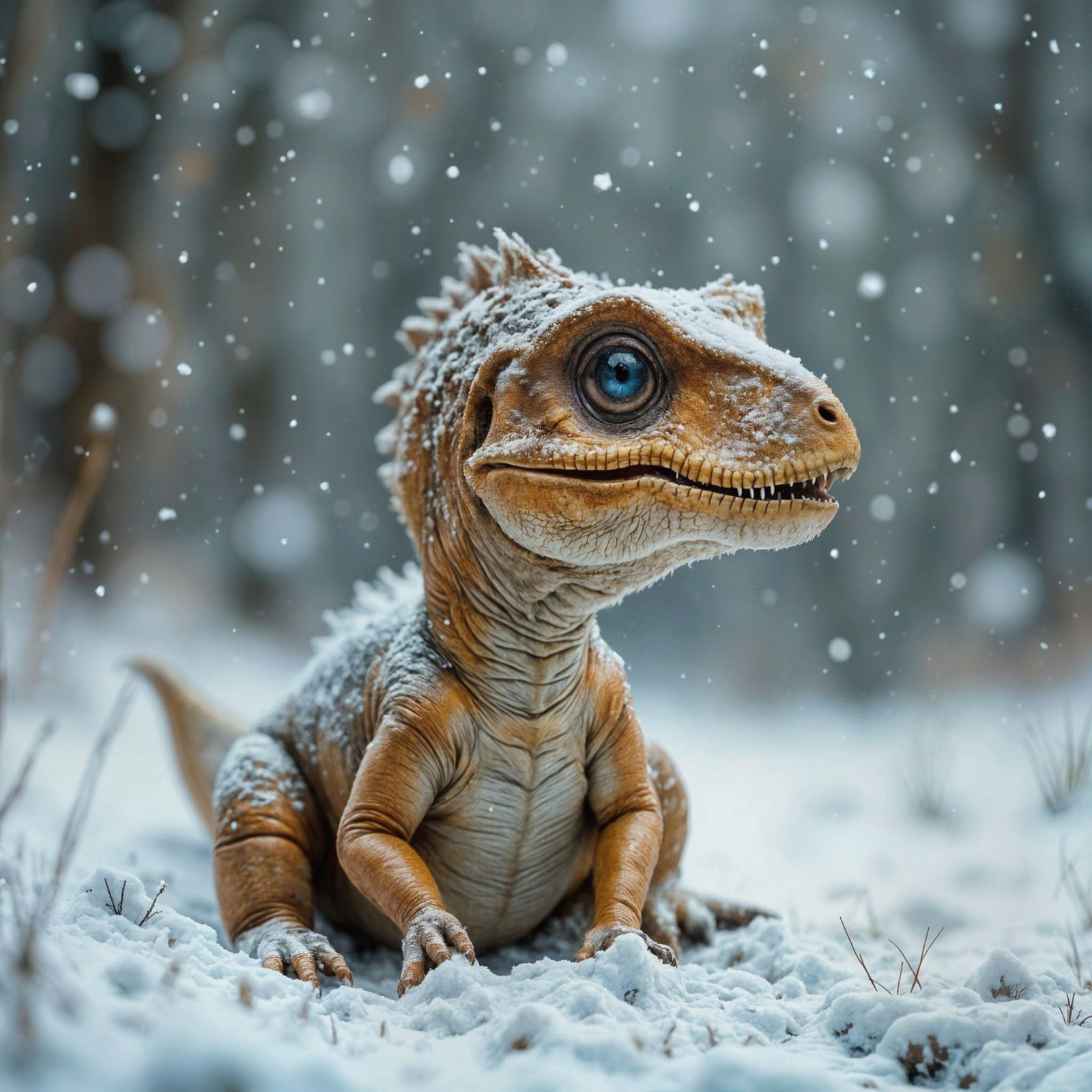 Baby T-Rex Watches Snowfall in Winter Landscape