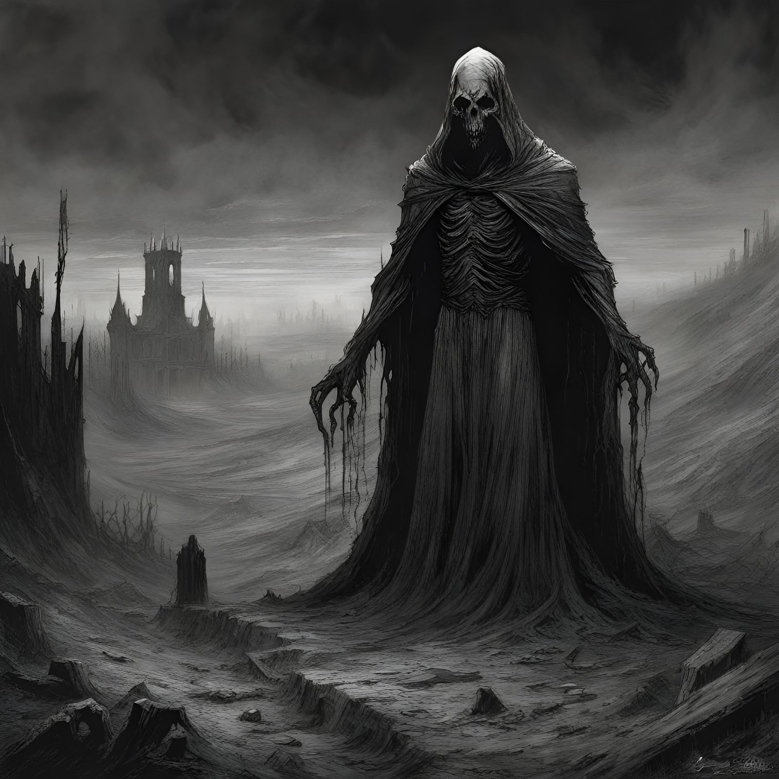 Monstrous Specter in Ruined Landscape, Eerie Black and White
