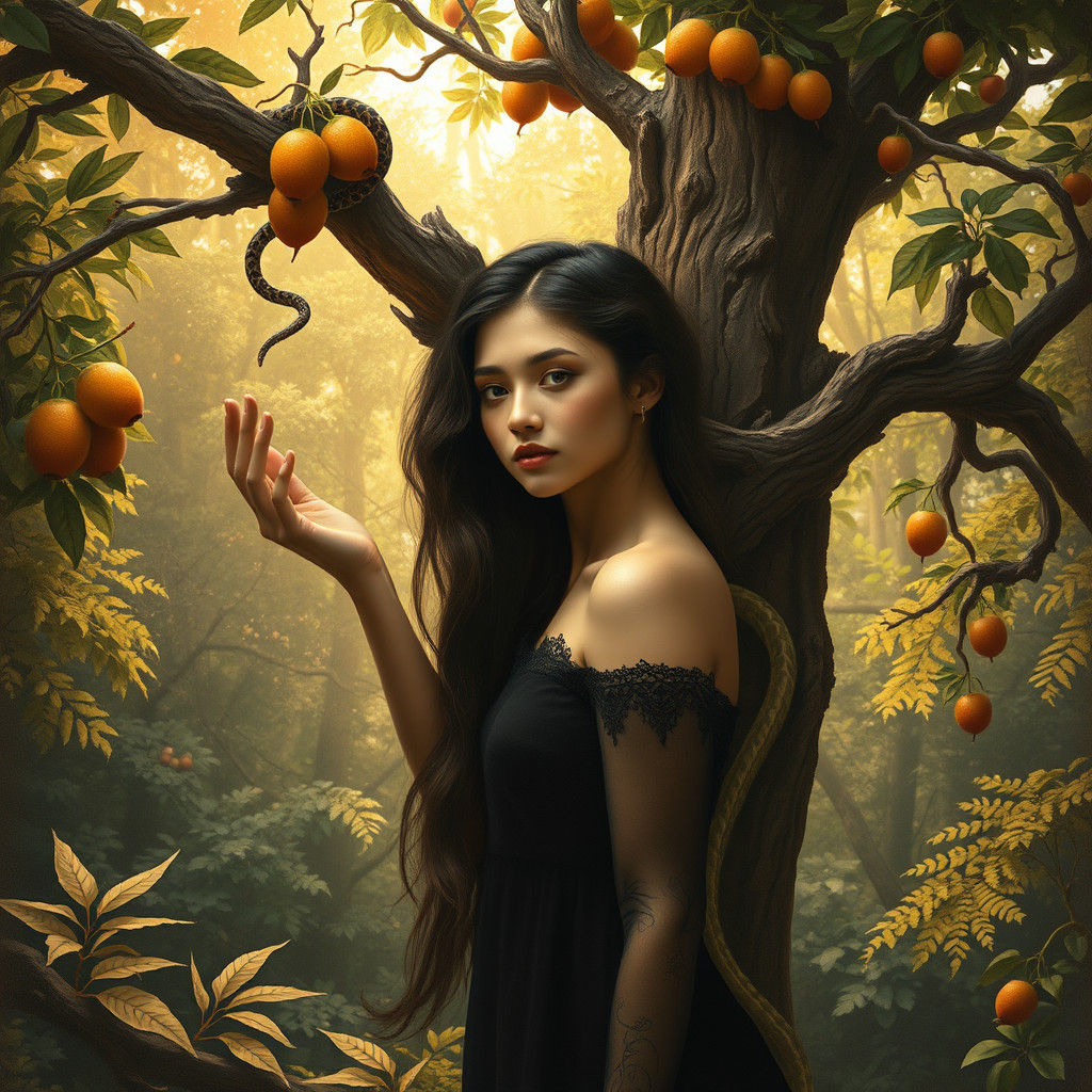 Enigmatic Woman Reaching for Fruit in Rousseau-Inspired Fore...