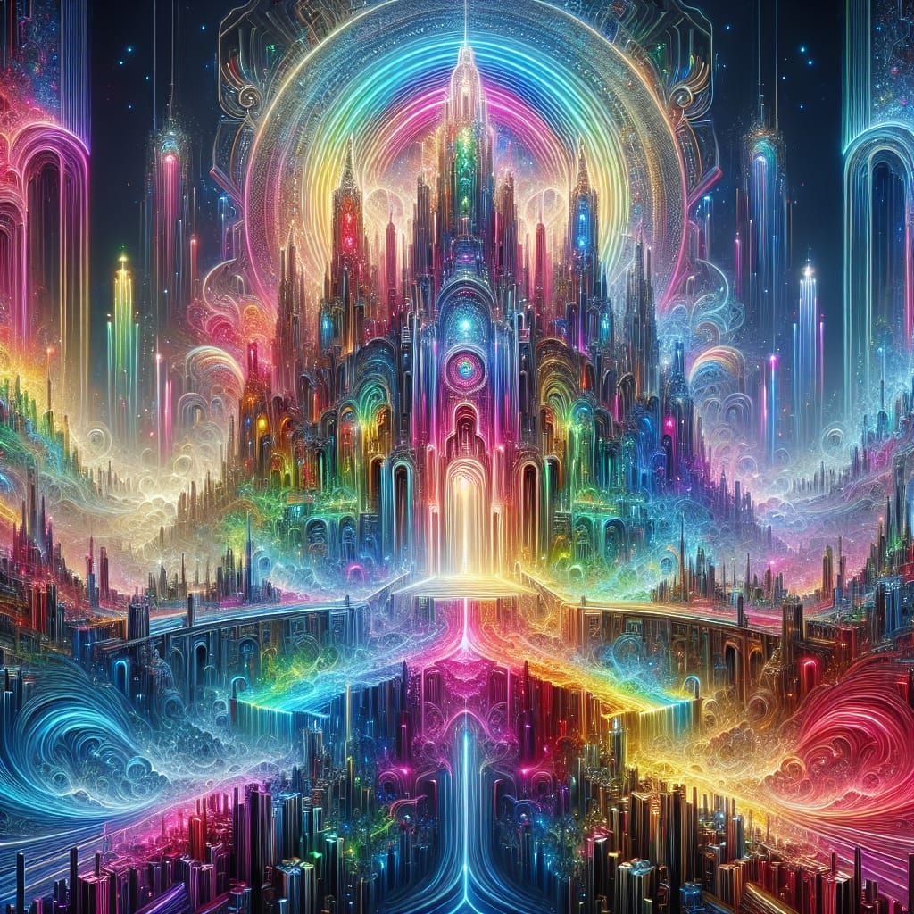 Rainbow Neon Cityscape in Matte Painting Style