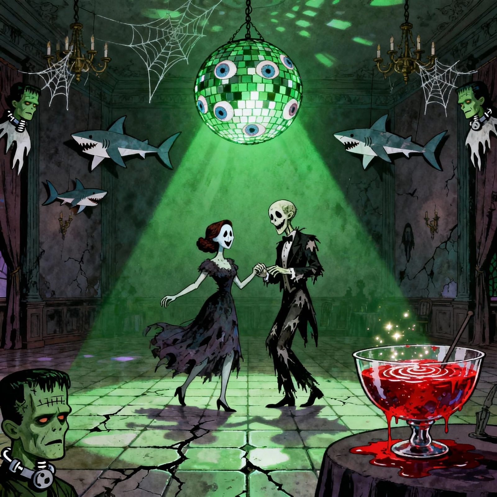 Undead Couple's Spooky Prom Night in Gothic Ballroom