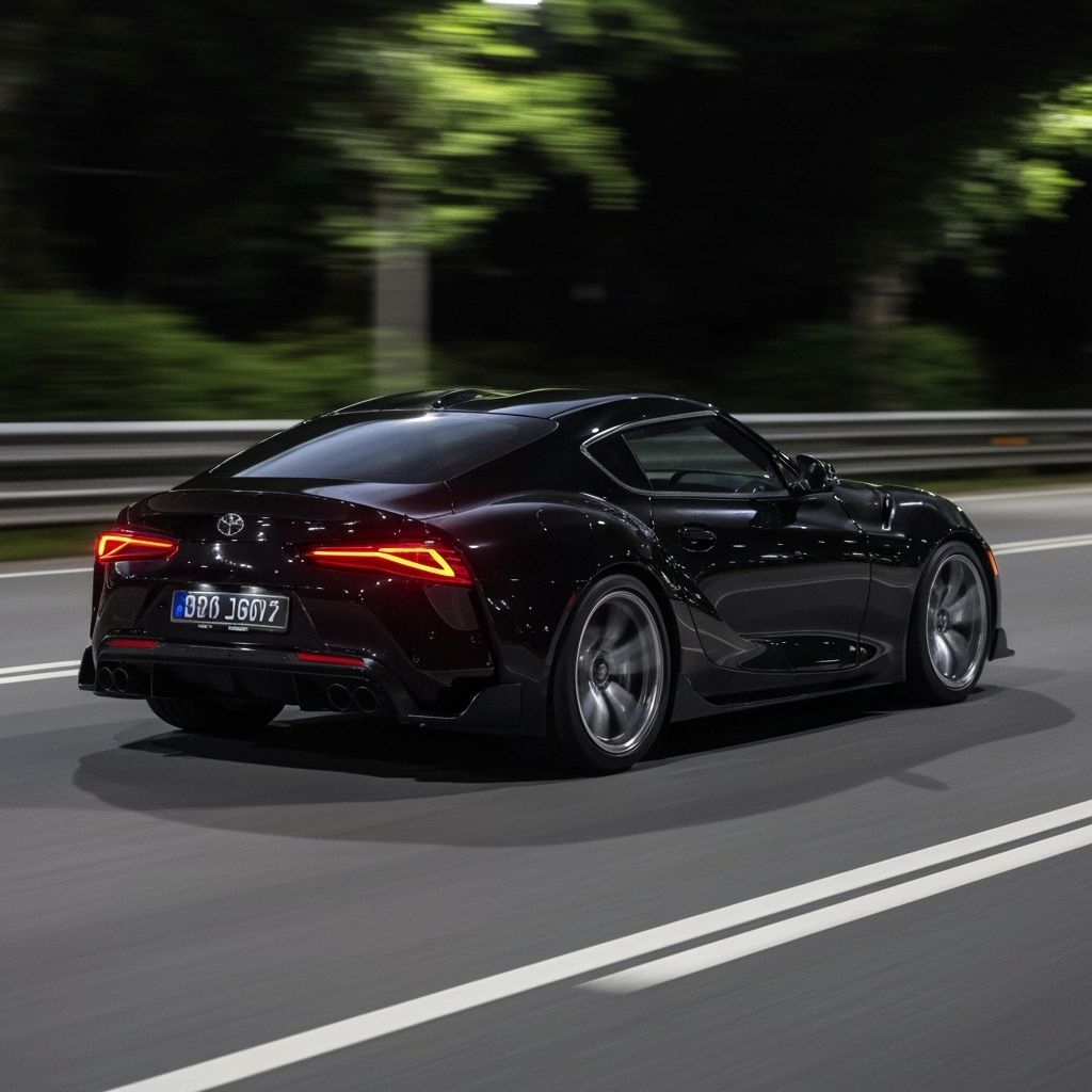 Shiny Black Toyota Supra Driving at Night