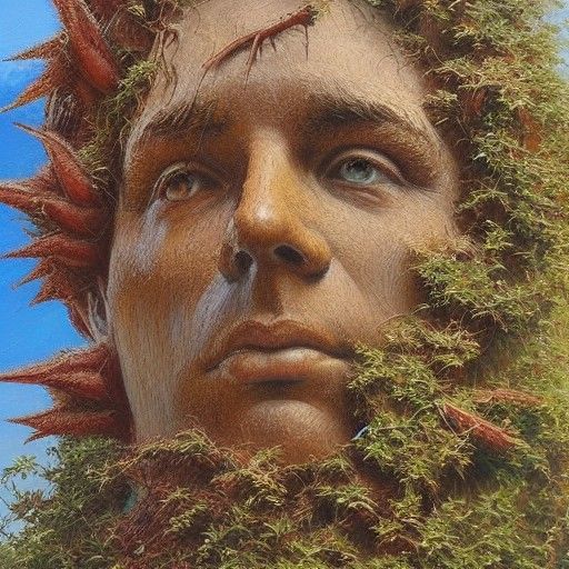 Statue Engulfed by Thorny Roots: Oil Painting