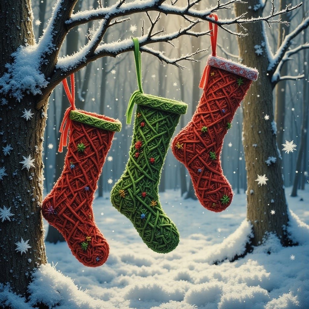 <lora:Weird Wonder:1.0> Stockings made of red and green knotwork hang from trees in a winter forest scene with s...