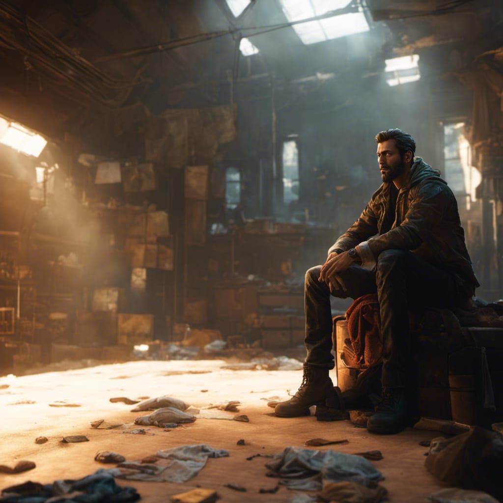 Solitary Man in Crowded Room, Hyperdetailed Digital Art