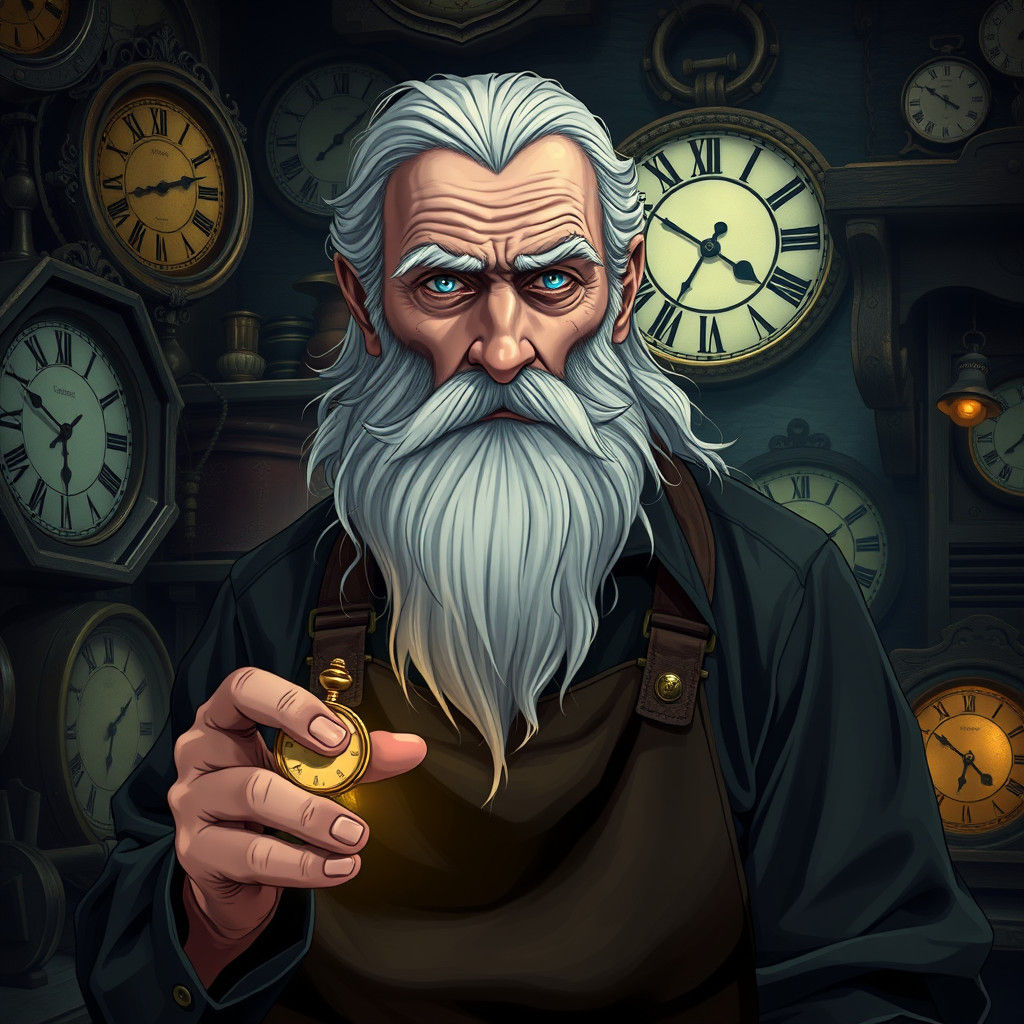 Eerie Clockmaker in Anime Style With Glowing Watch
