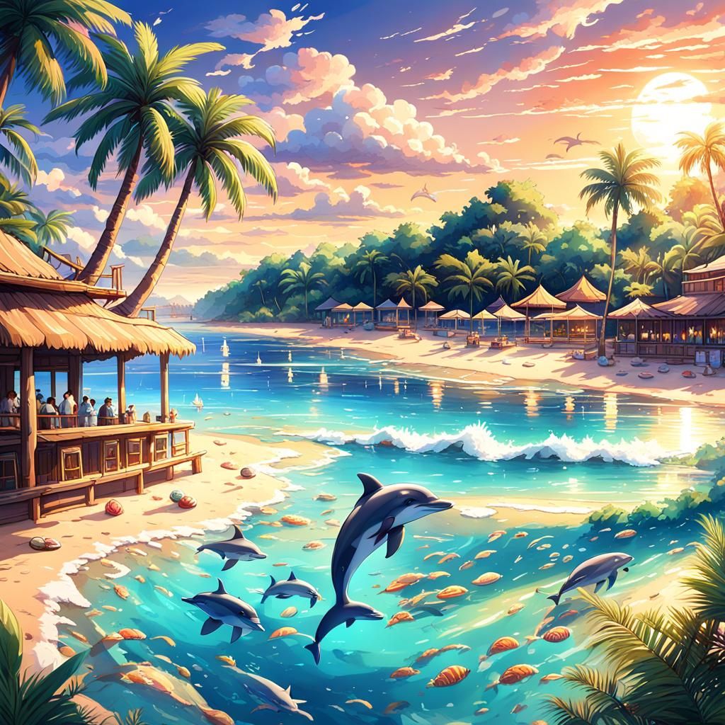 Tropical Beach Sunset with Dolphins in Anime Style