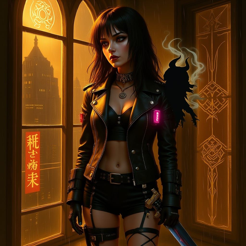 Gothic Punk Woman in Neon Metropolis, Digital Art