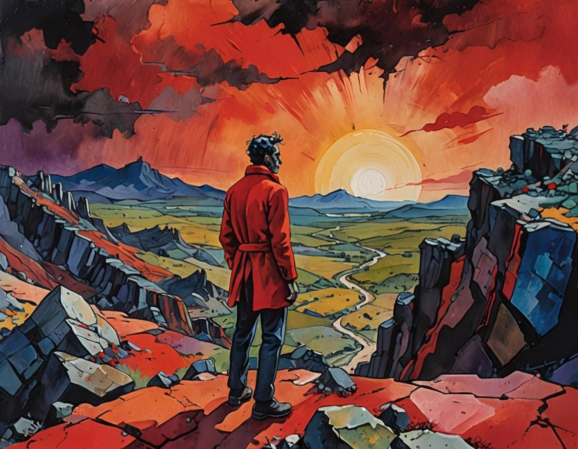 Figure on Barren Cliff in Gouache Style