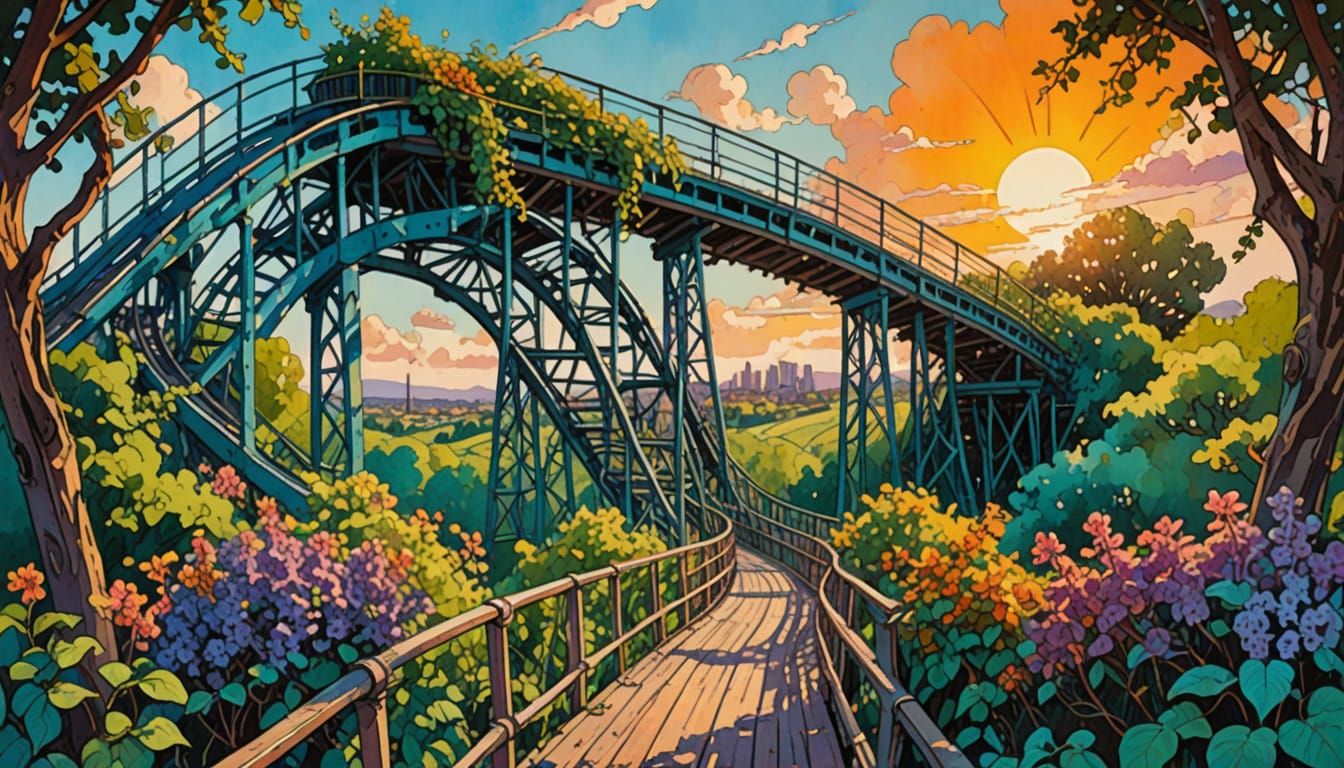 Abandoned Roller Coaster in Comic Book Style