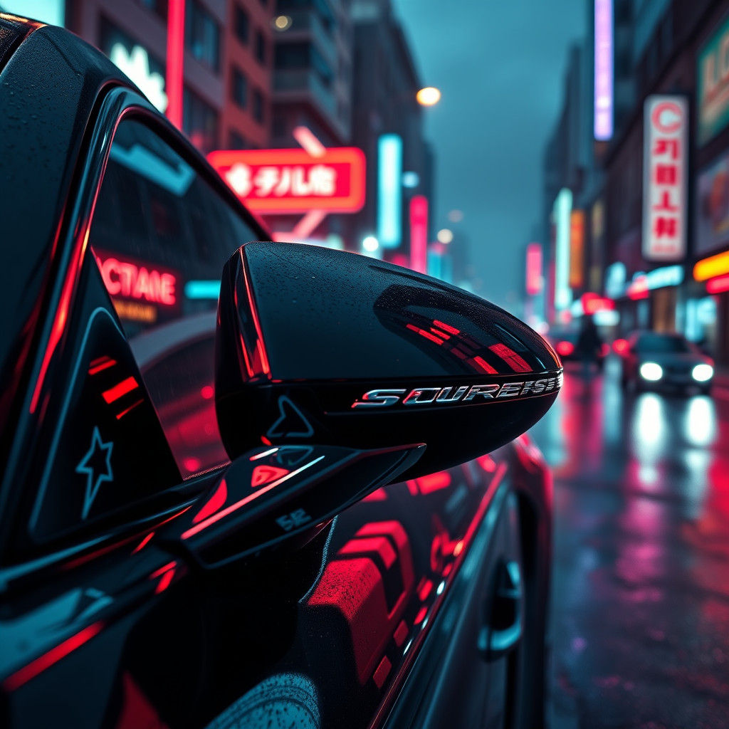 Luxury Car Mirror Reflects Neon Cyberpunk City