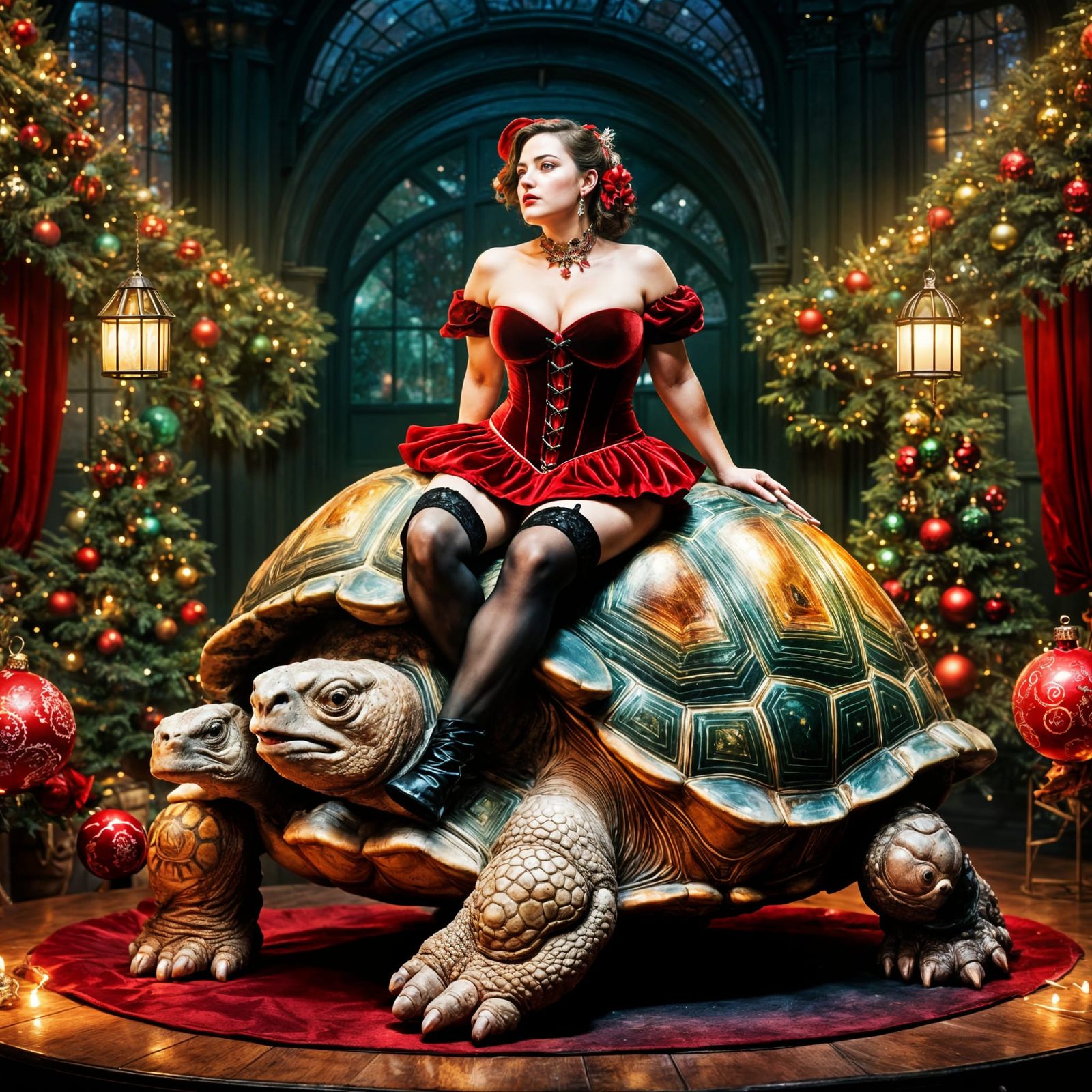Sassy Christmas Tortoise Ride: Hyperrealistic Dark Thriller