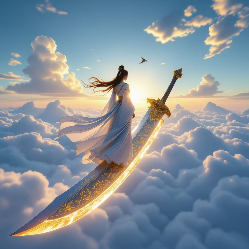 Mythic Warrior Woman on Sword Blade Above Clouds