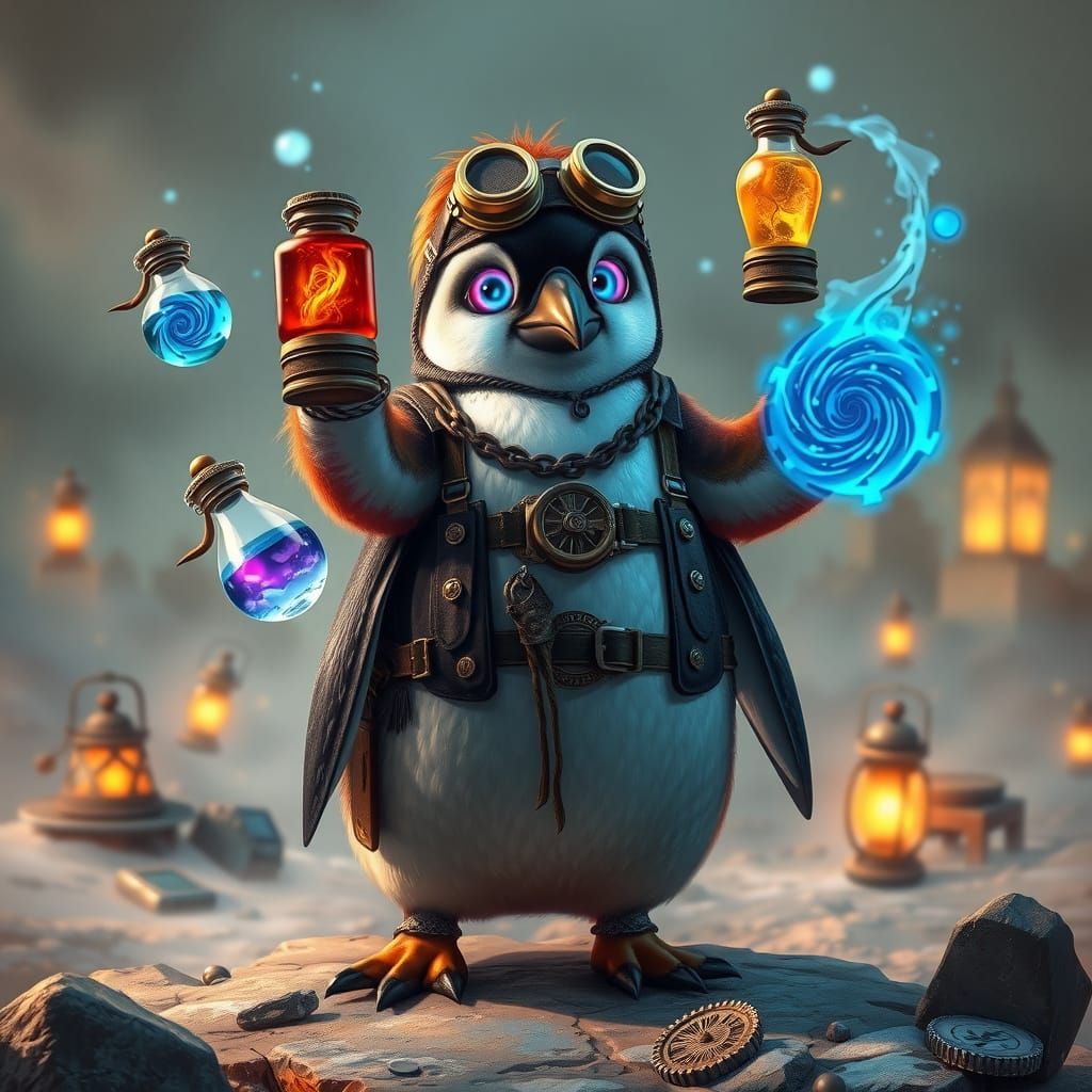 Steampunk Penguin Potion Master in Majestic Posture