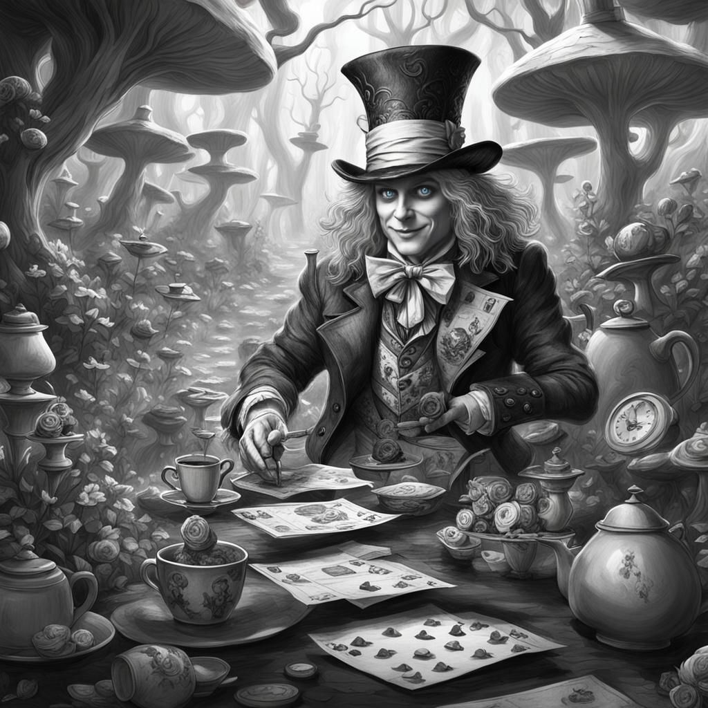 A black and white pencil sketch of a beautiful Alice in wond...