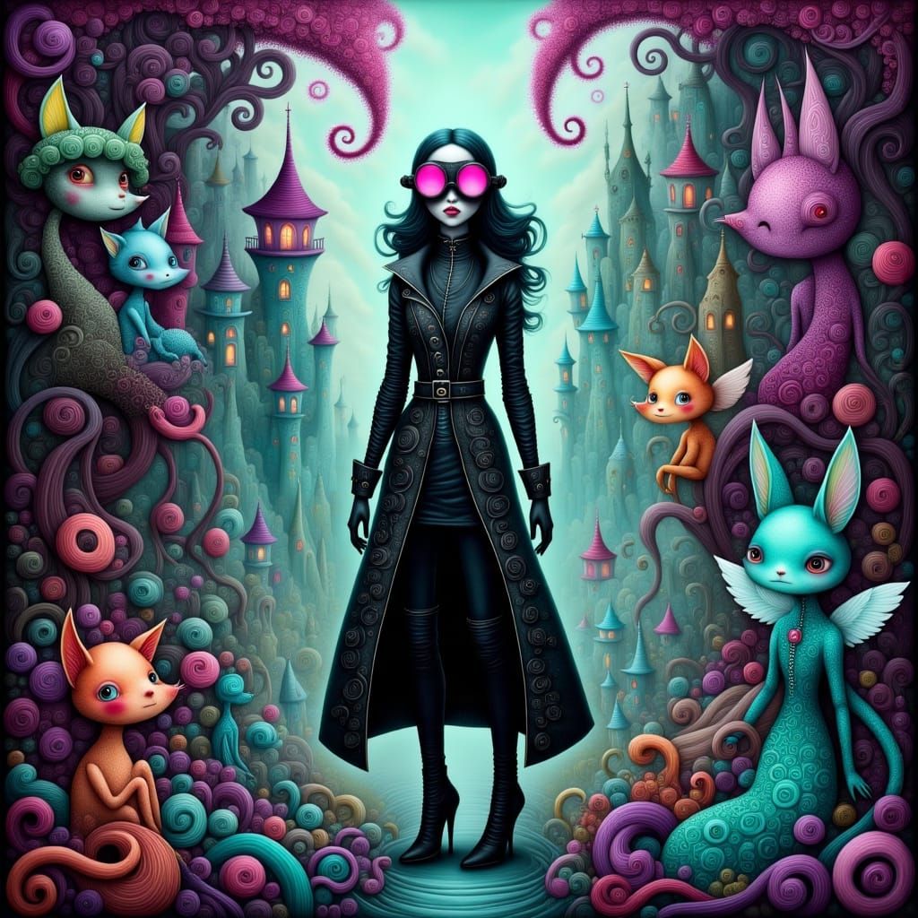 Cyberpunk Market with Whimsical Creatures