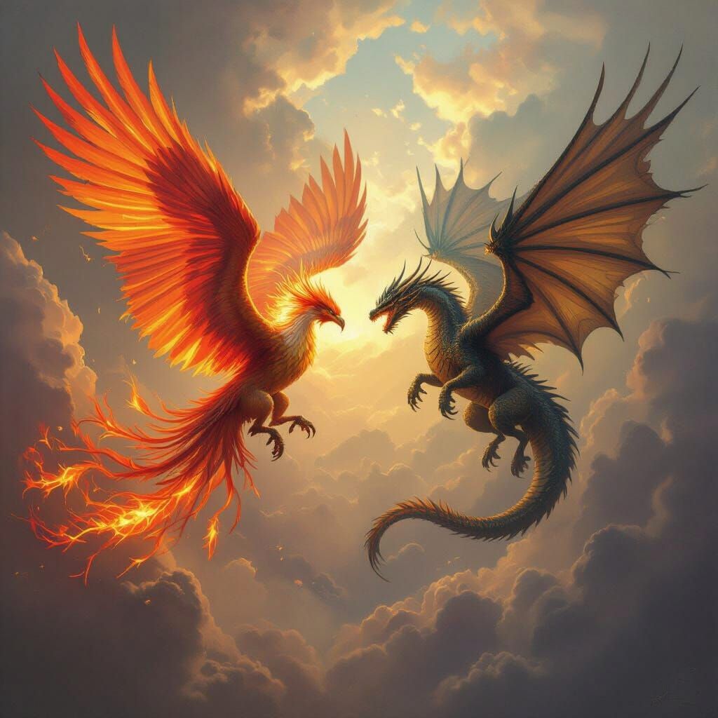 Phoenix vs Dragon in Fiery Oil Painting