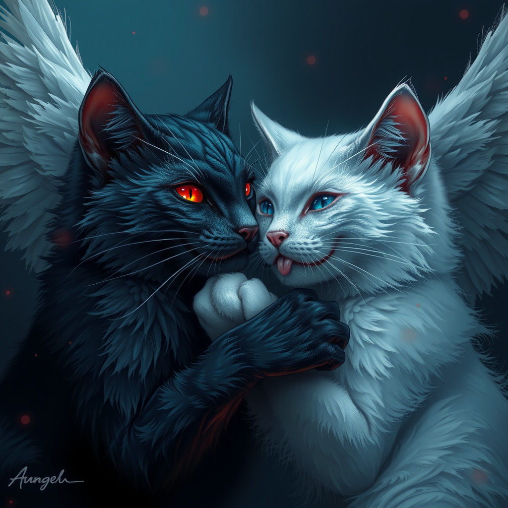 Angel Cat and Demon Cat Grooming, Detailed Matte Painting
