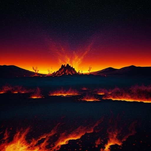 Surreal Bonfire in Alien Landscape with Cosmic Embers