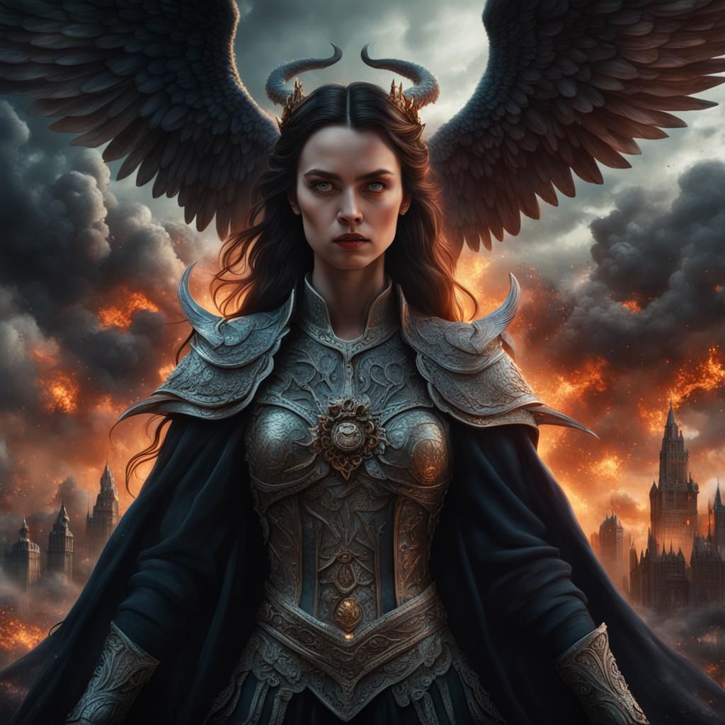 Demonic Queen with Fallen Angels in Magic Sky