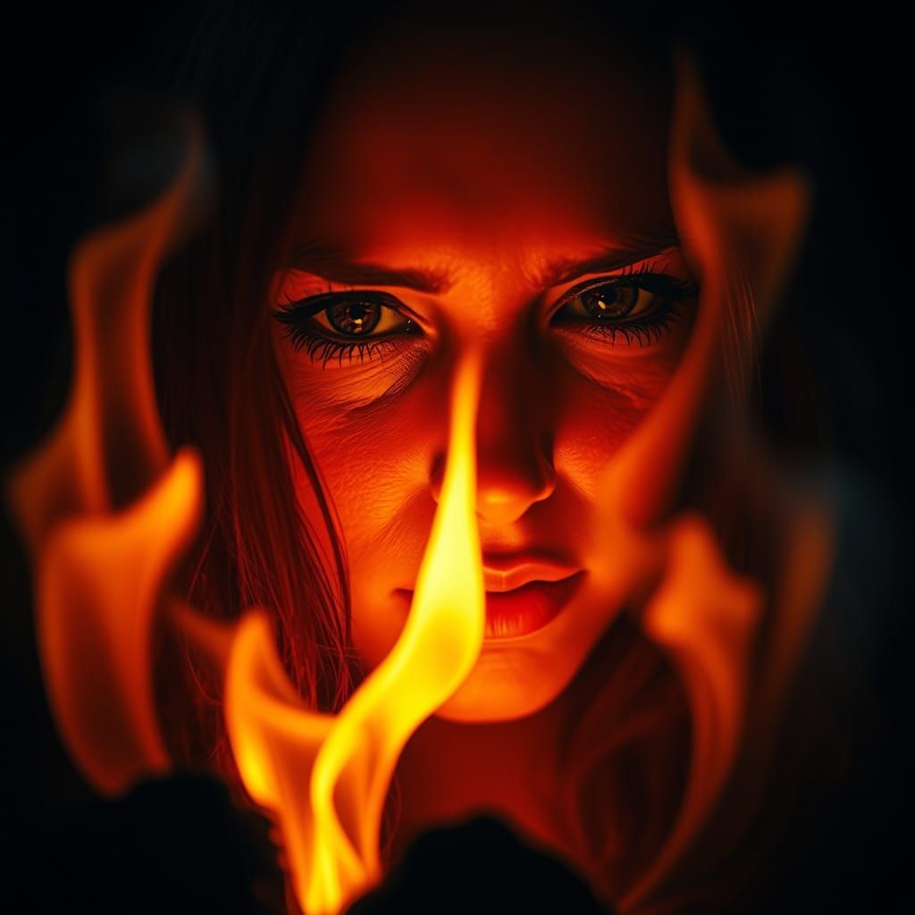 Fiery Reflection: Woman's Face in Dancing Flames