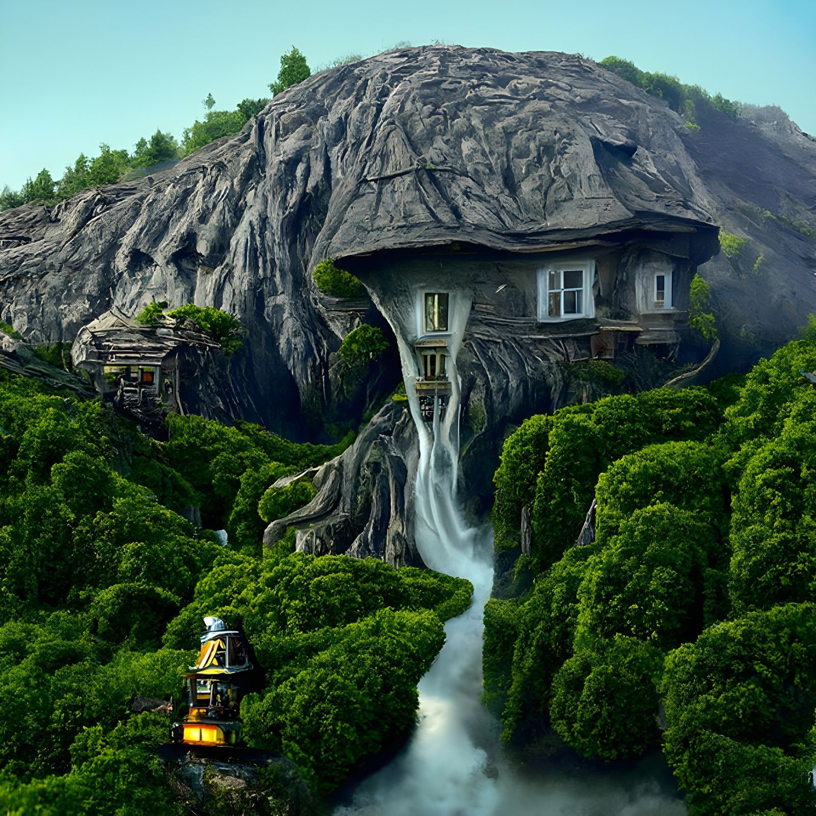 Fantastical Overgrown Mountain With Storybook House, 3D Rend...