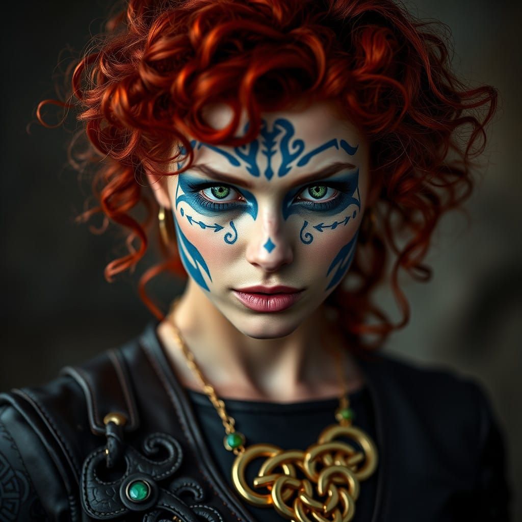 Celtic War Goddess with Intricate Knotwork and Emerald Neckl...