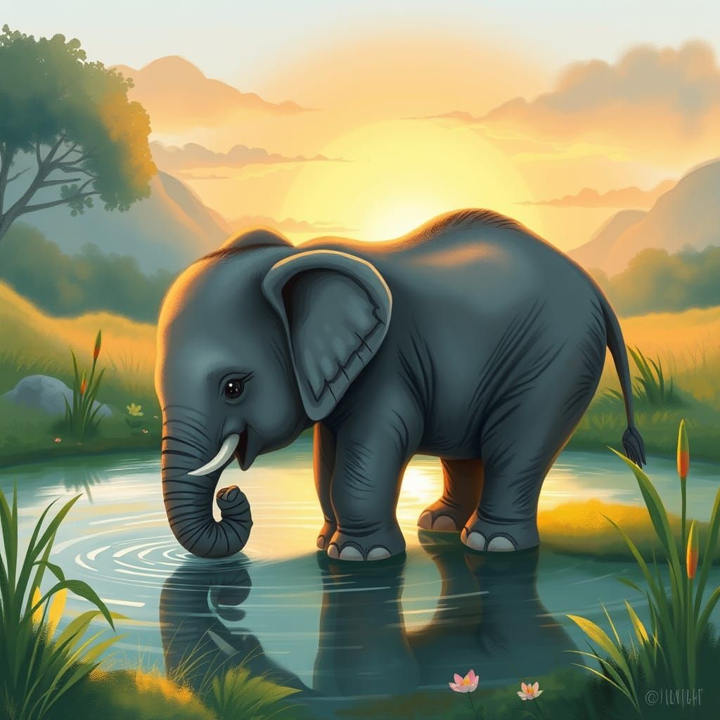 Baby Elephant Drinks at Sunset in Dreamy Landscape