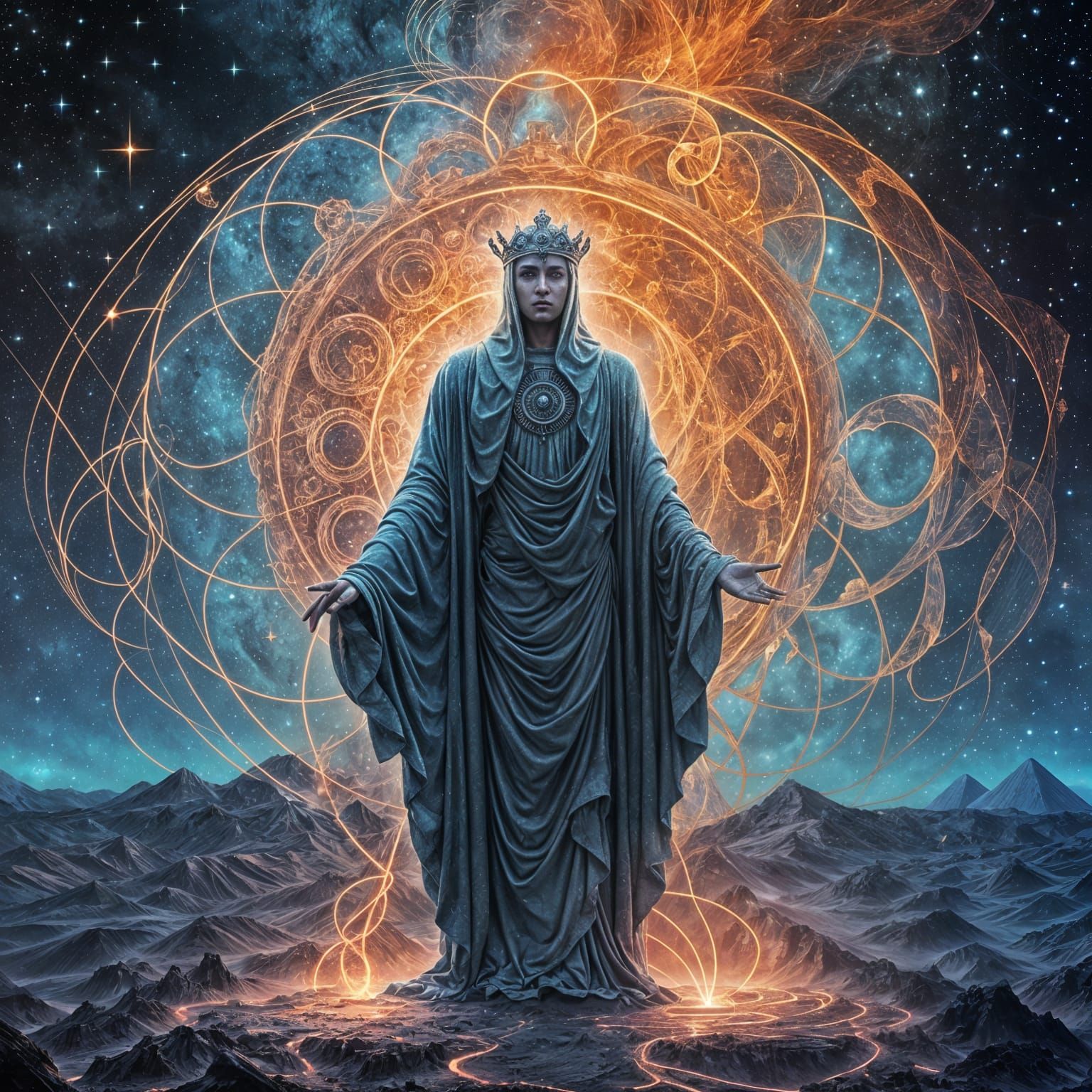 Surreal Celestial Figure Merging Ancient and Future Worlds