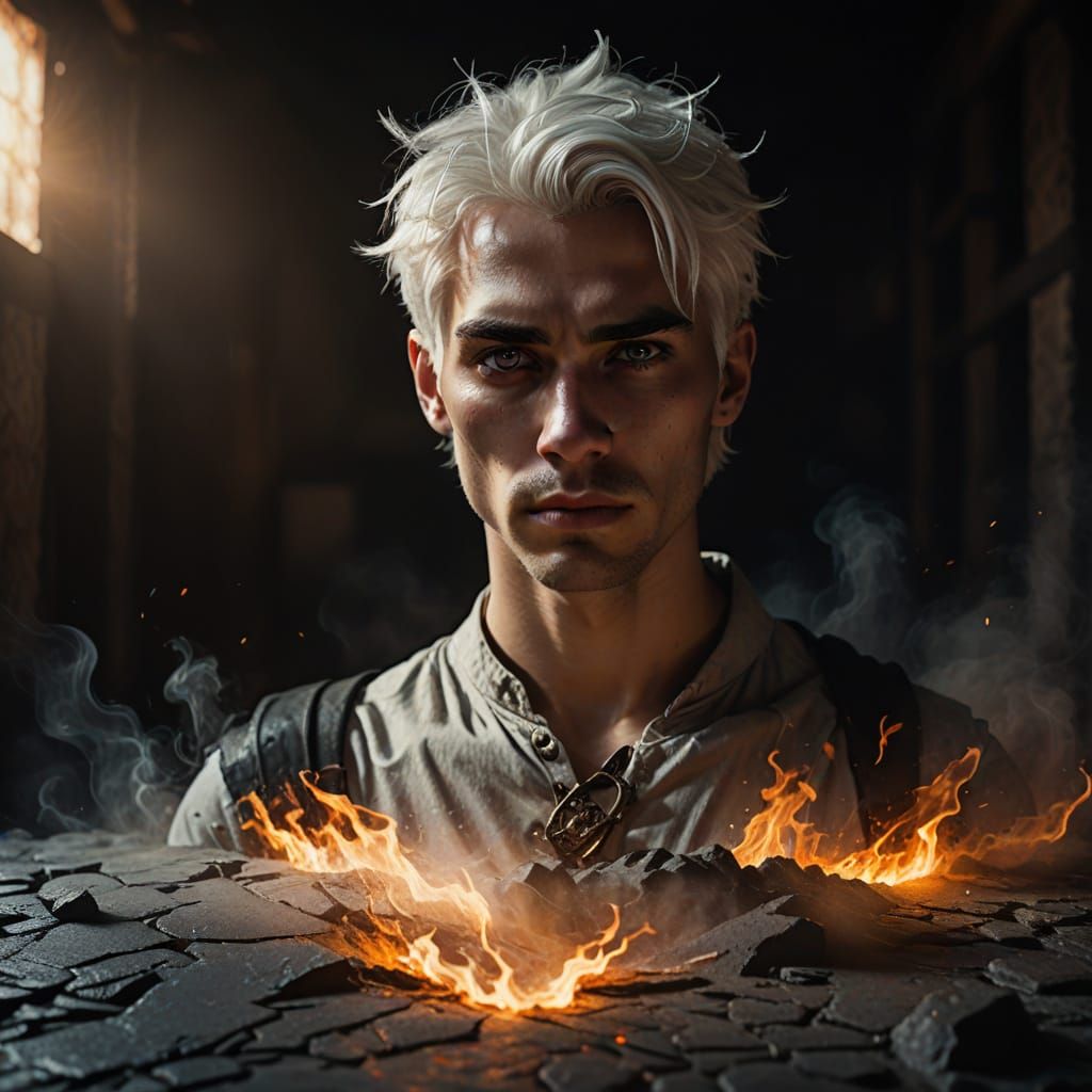 Dramatic Portrait of Young Man with White Hair