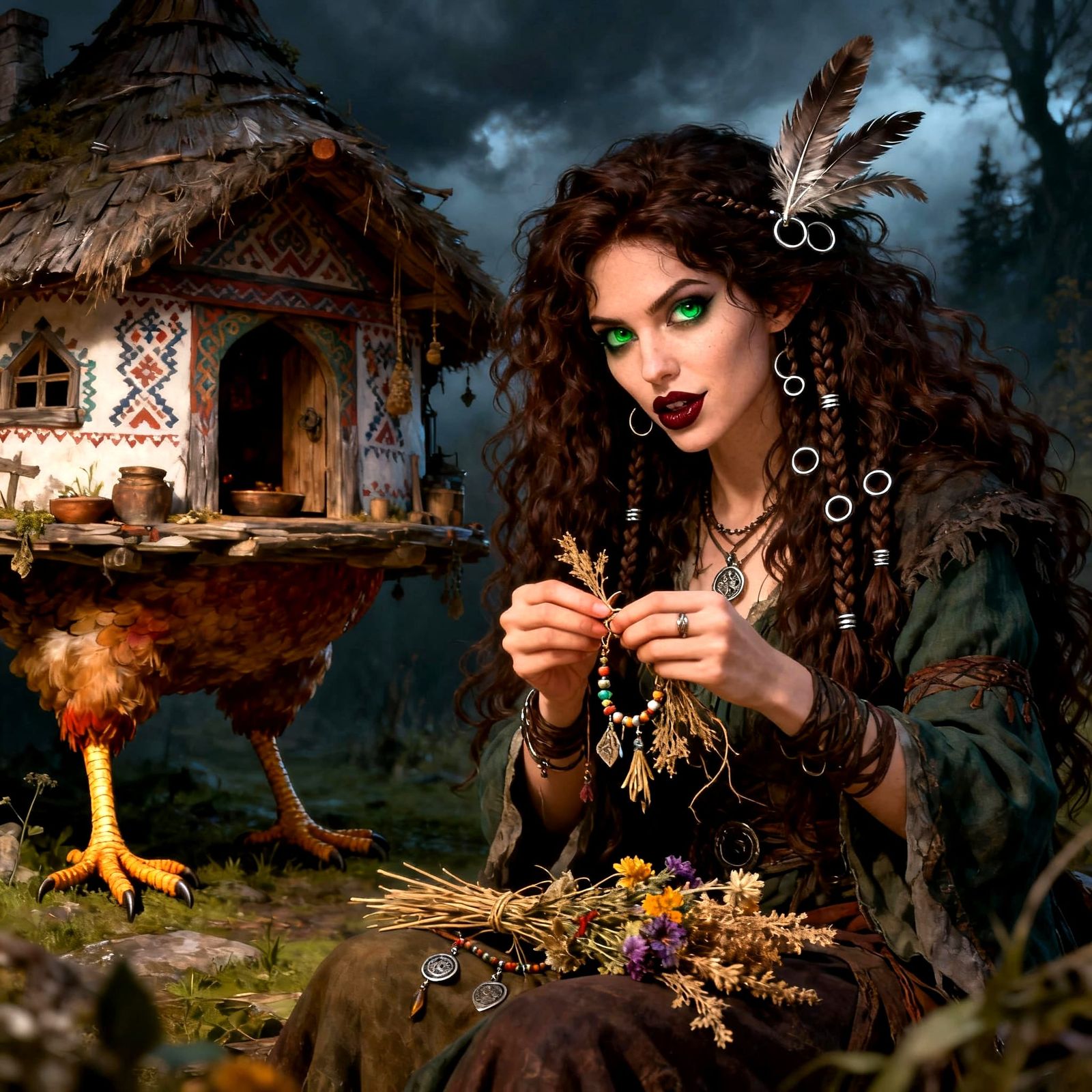 Friendly Witch with Feathered Hair Near Chicken Leg Hut