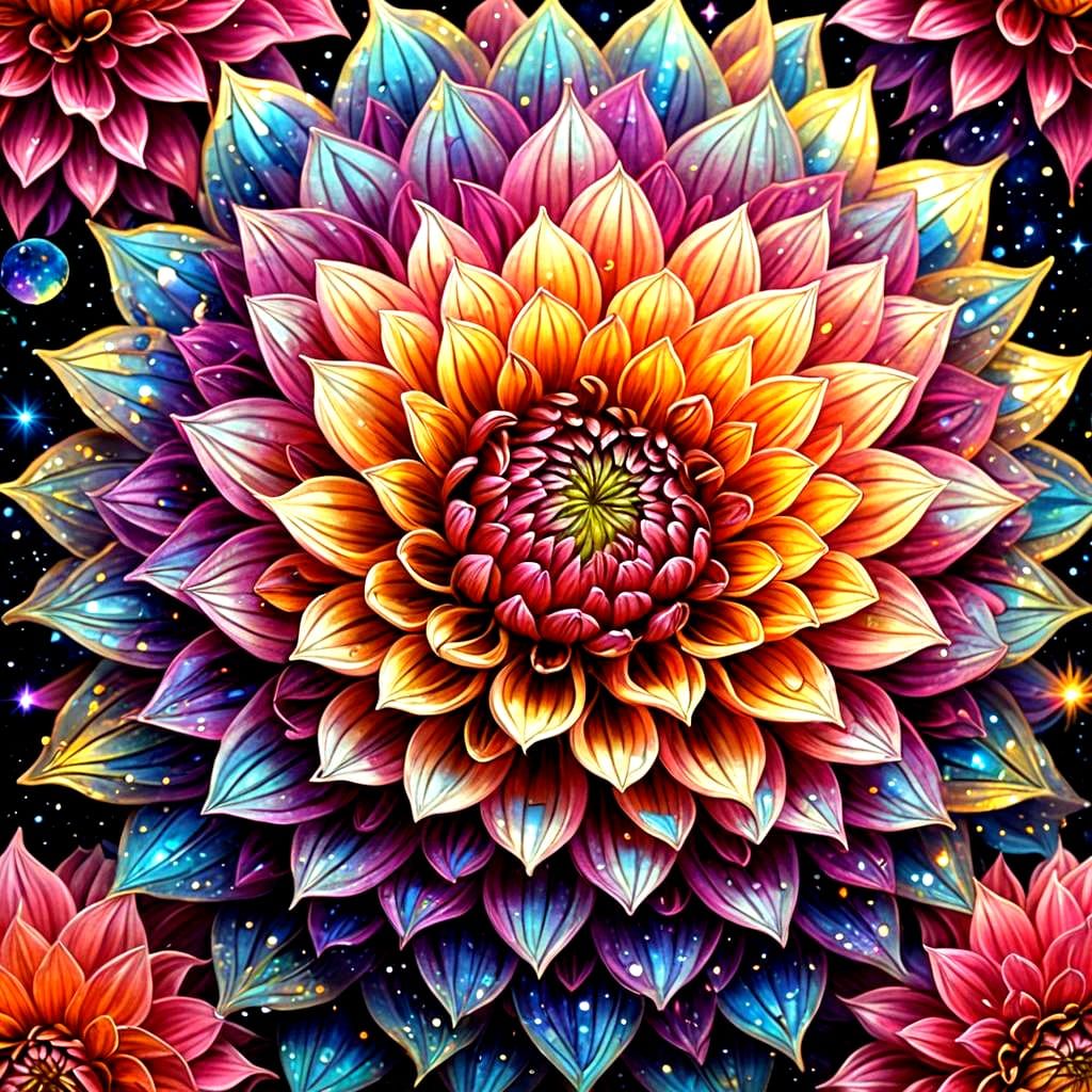 Holographic Cosmic Dahlia in Mixed Media Illustration