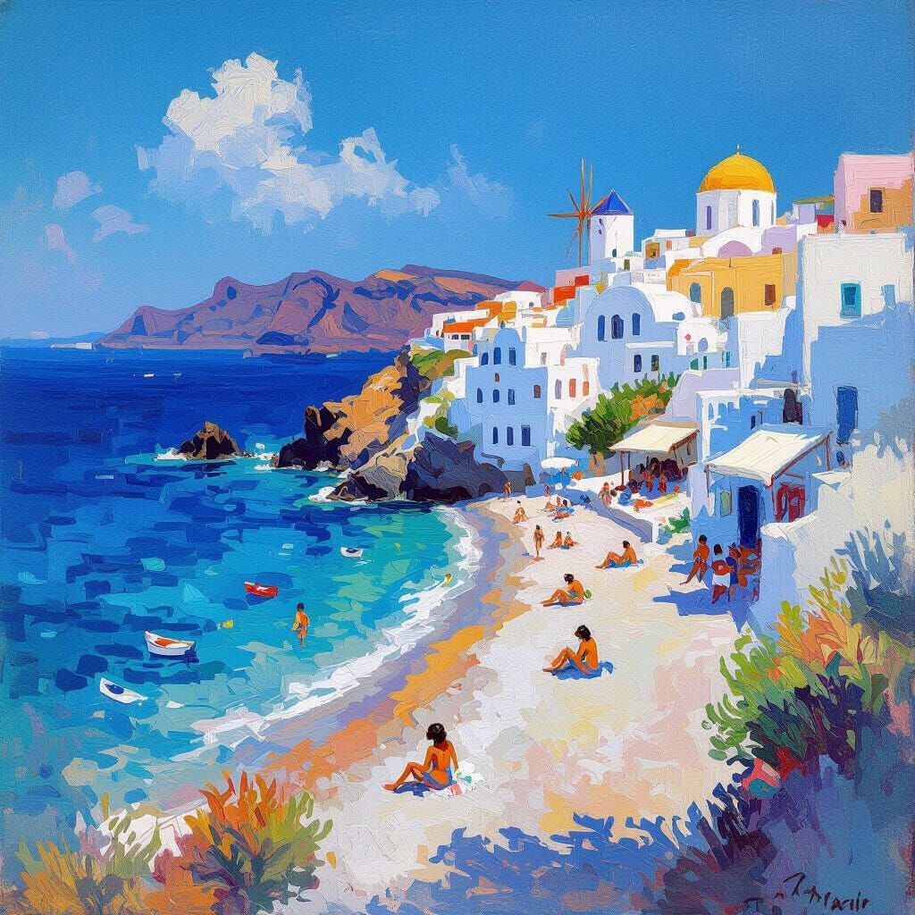 Santorini Beach Scene in Renoir Impressionist Style