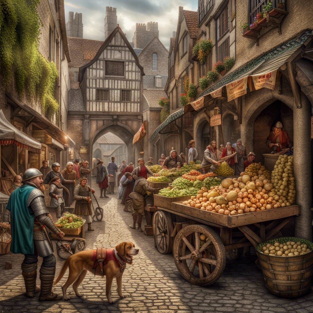 Bustling Medieval Marketplace with Knights and Merchants