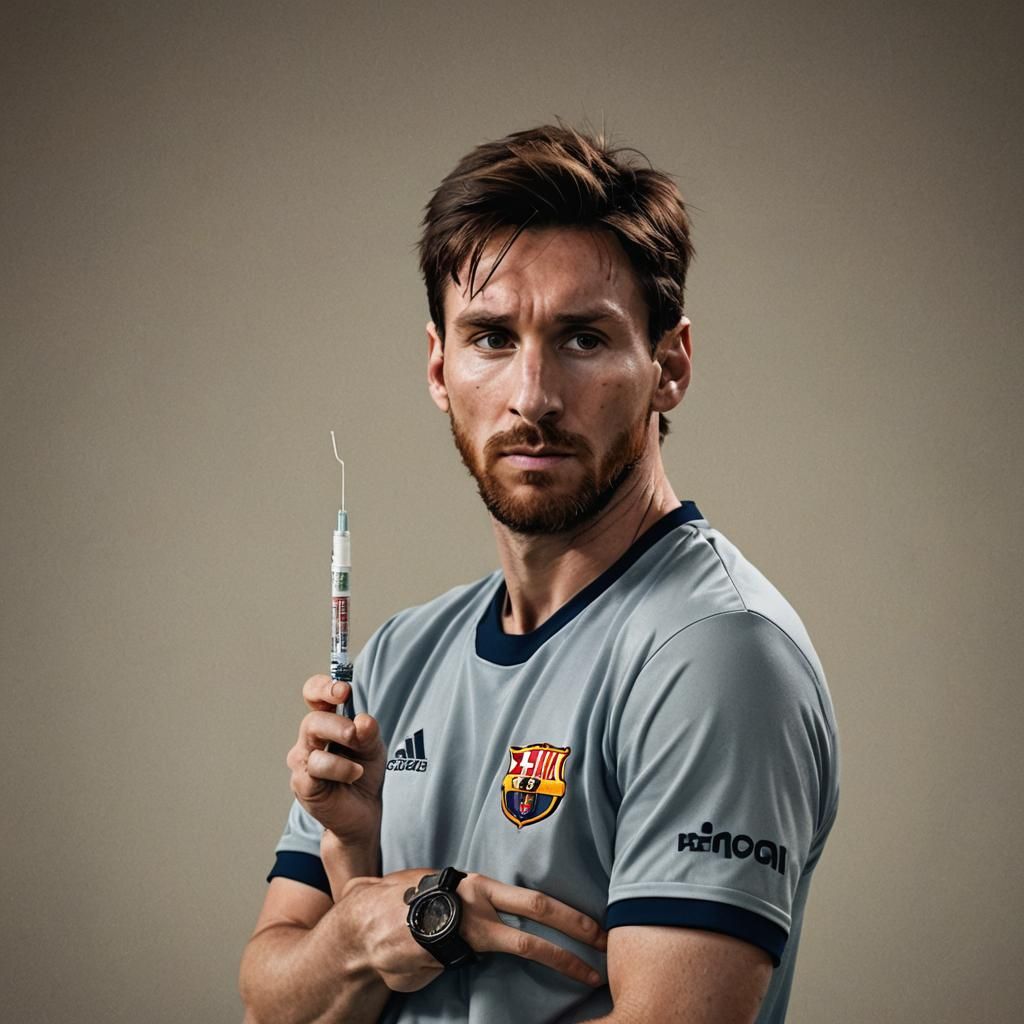 Tired Lionel Messi Portrait with Syringe