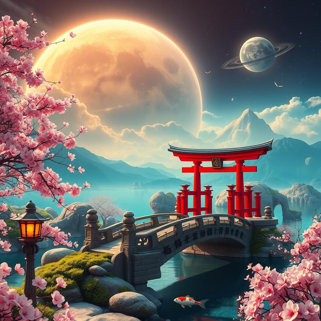 Japanese Garden with Alien Planet, Dreamlike Sci-Fi Art