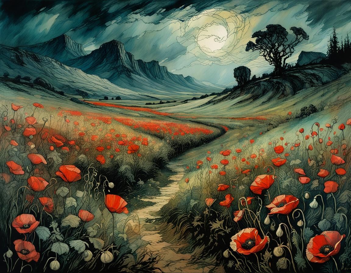Mystical Storm Over Vibrant Poppy Field in Deep Colors