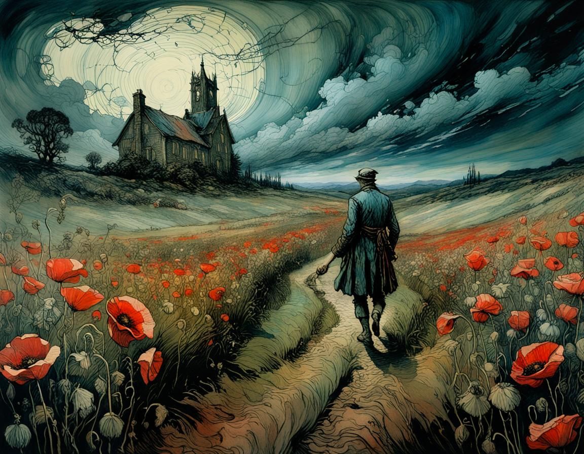 Dreamlike Stormy Landscape with Poppies in Ethereal Twilight