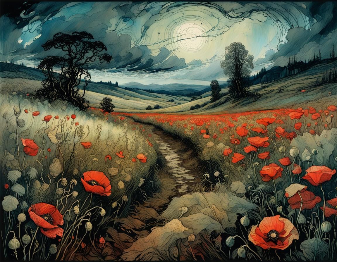 Mysterious Storm Over Entangled Poppy Field