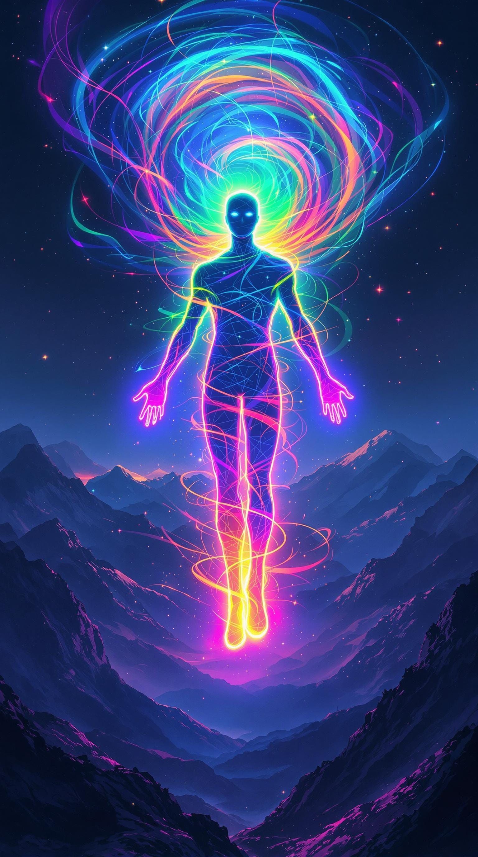 Floating Human Silhouette in Neon Rainbow Glow Amidst a Geom...