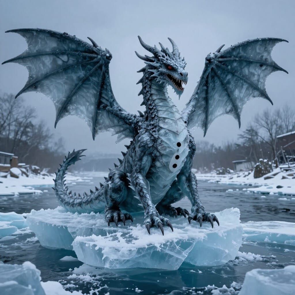 Realistic Ice Dragon with Horror Ying Yang Symbol