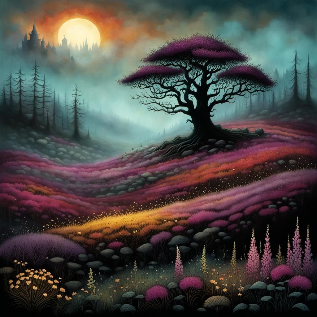 Blooming Heather in Morning Mist: Intricate Illustration