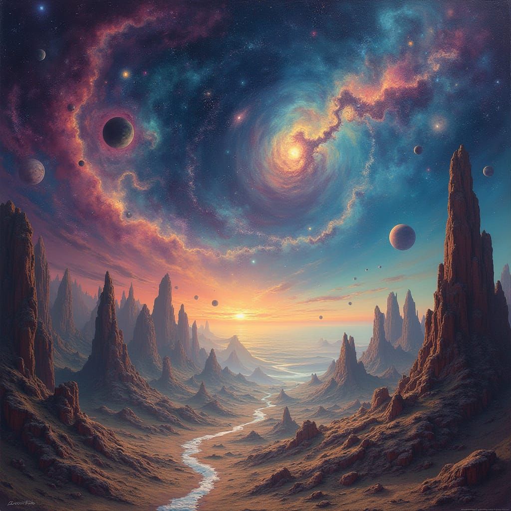 Surreal Cosmic Landscape with Space-Time Curve