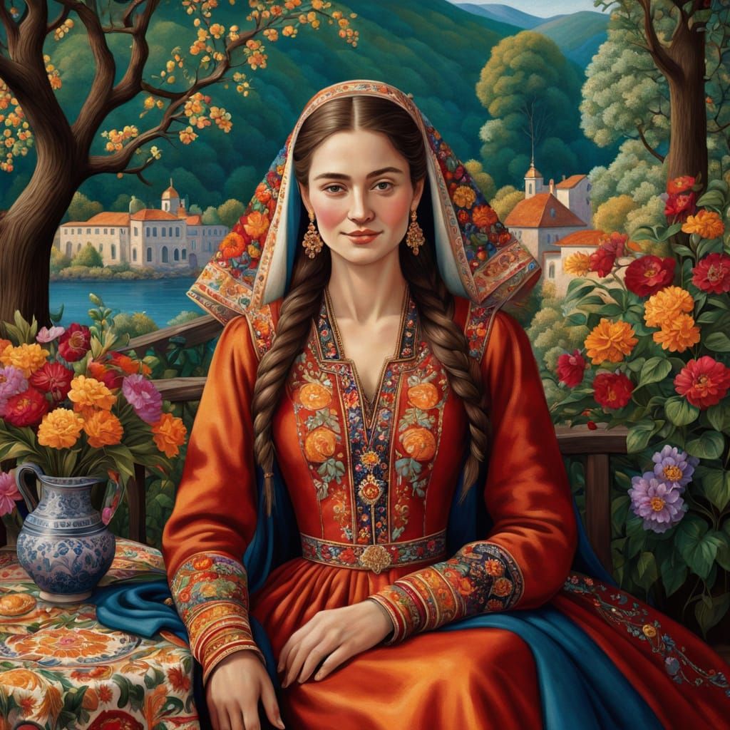 Serenely Adorned Georgian Lady in Embroidered Floral Paradis...