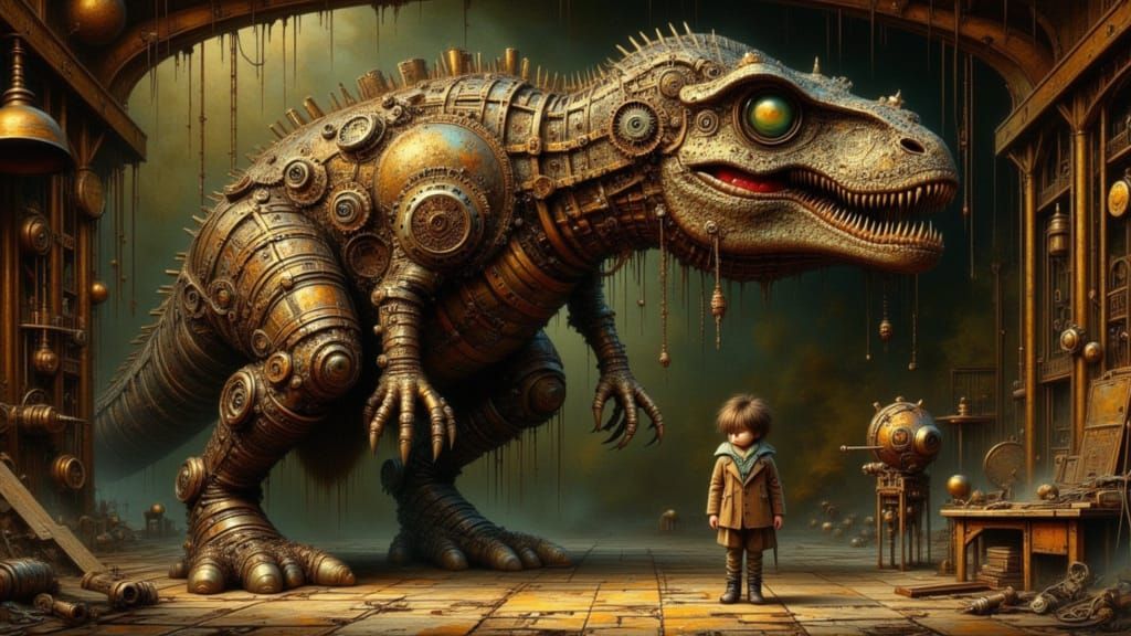 Steampunk Dinosaur and Boy in Workshop