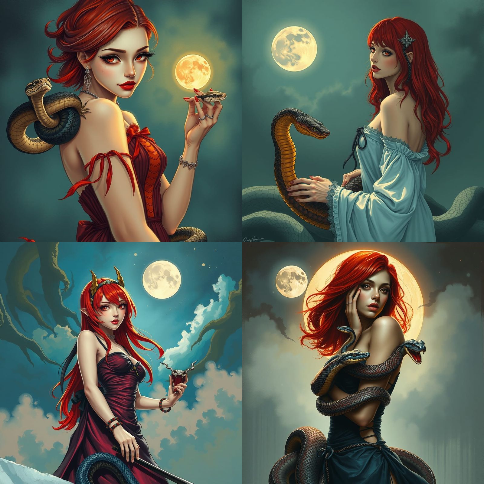 Red-Haired Woman with Snakes in Dark Fantasy Style