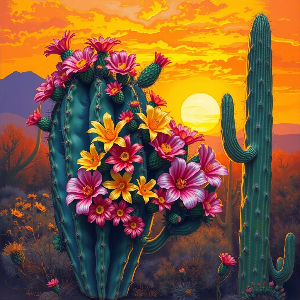 Blooming Cactus Against Desert Sunset in Naturalist Style